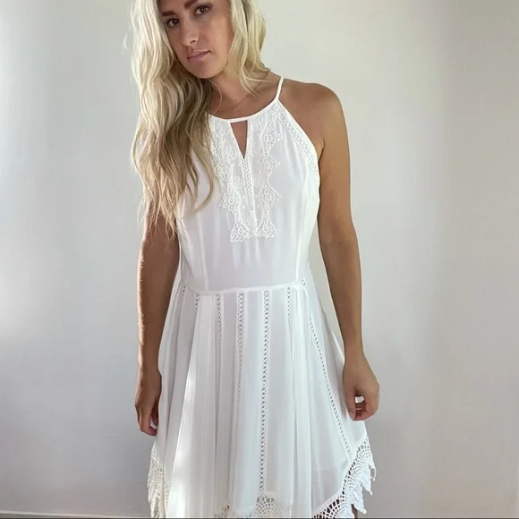 Greylin White Asymmetrical Lace Trim Dress Large - Picture 6 of 15